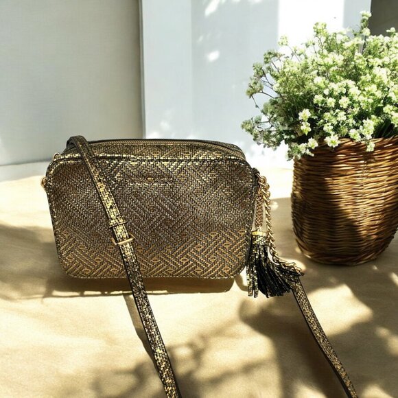 Michael Kors Ginny Suede Leather Metallic Camera Bag & Tassel - Picture 1 of 14